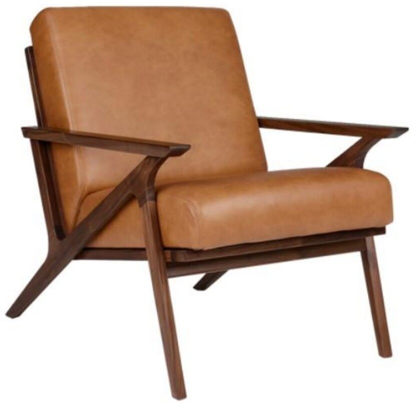 Brown leather armchair with dark wooden frame