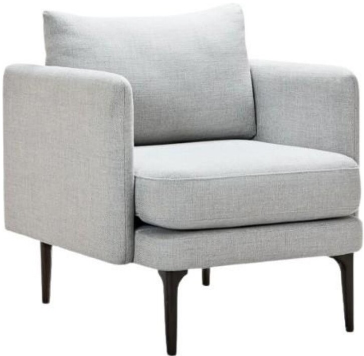 Light grey square-back armchair on dark wooden legs