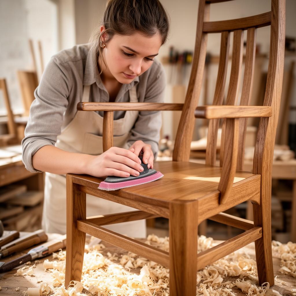 Craftswoman carefully sanding a wooden chair frame in the Mahora workshop — production quality control