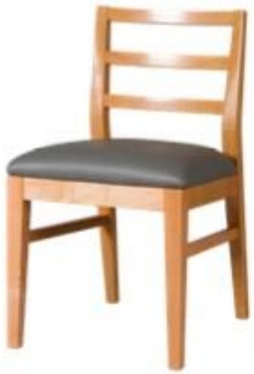 Wooden ladder-back dining chair with grey upholstered seat