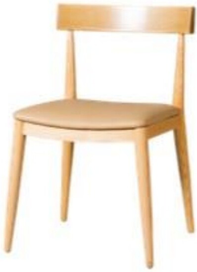 Dark wood dining chair with armrests and black leather seat