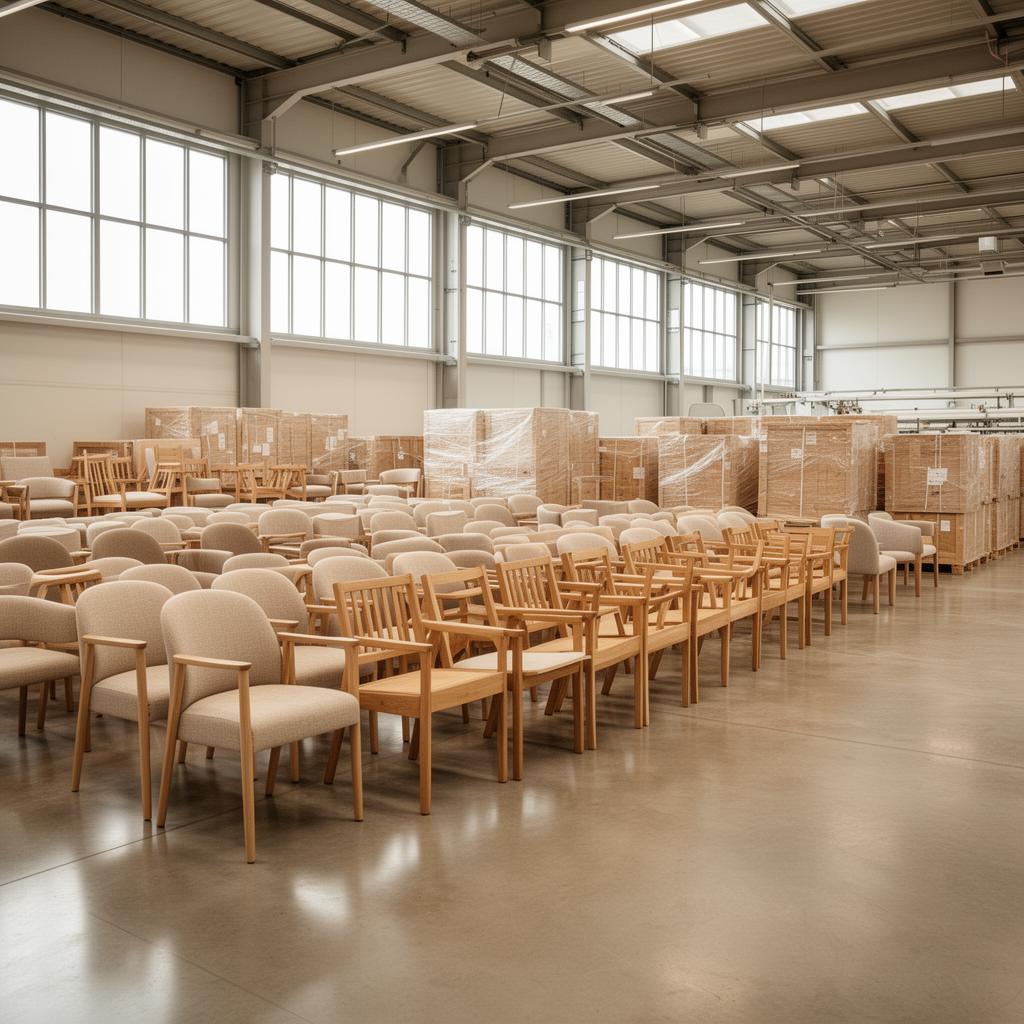 Mahora factory interior with finished chairs and packed crates ready for delivery